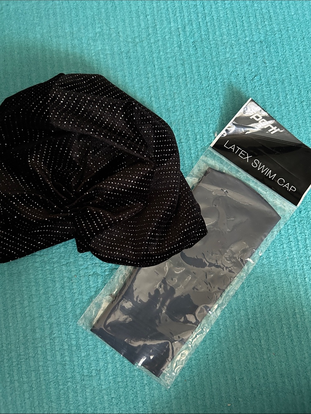 Jessica McClintock Black Metallic Dot Turban Hat with bonus Swim Cap